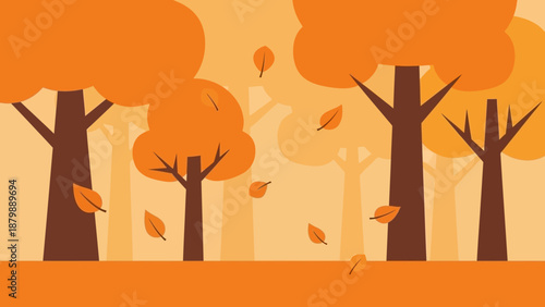 Autumn forest landscape with falling leaves, a serene scene of nature's seasonal change in warm orange and brown hues