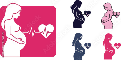 Silhouette illustration of a pregnant woman holding her belly with a baby heartbeat line Vector