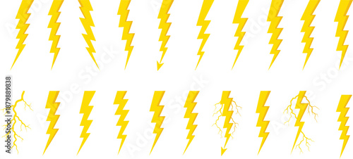 Yellow Lightning Bolt Icon Set with Electric Thunder Symbols, Energy Power Flash Collection Isolated on White Background
