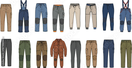 Workwear Pants and Utility Trousers Collection with Cargo Pockets, Overalls and Protective Clothing Styles, Industrial Fashion Vector Illustration