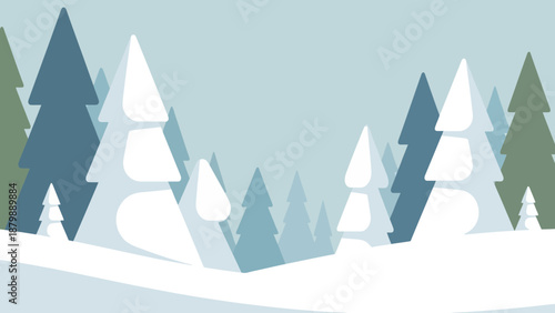 Winter forest landscape with snow-covered fir trees, serene and calming blue and green tones evoking a peaceful, natural, and tranquil atmosphere during the colder months