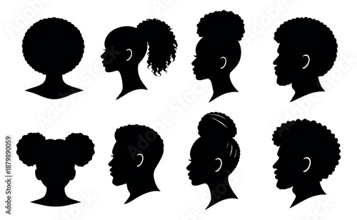 Silhouette African people profiles set featuring diverse men and women with various hairstyles for cultural identity and beauty concepts