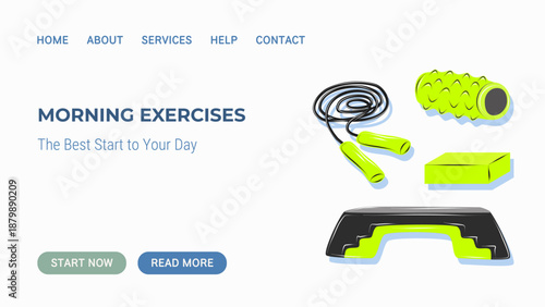 Morning exercises web banner with fitness equipment icons. Flat illustration for workout websites, training programs, sport apps and healthy lifestyle platforms.