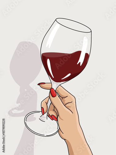 Women's Hands Holding a Red Wine Glass on  Celebration Toast. Close-up Illustration Isolated in Light Background