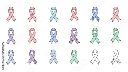Colorful awareness ribbons for various causes on white background