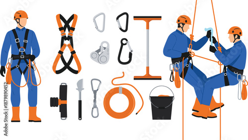 Industrial rope access worker safety equipment illustration with harness, carabiners, helmet and climbing tools