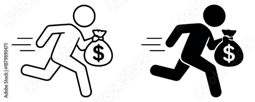 Line art and solid icon set featuring a running person holding a dollar money bag for financial crime and urgency related designs