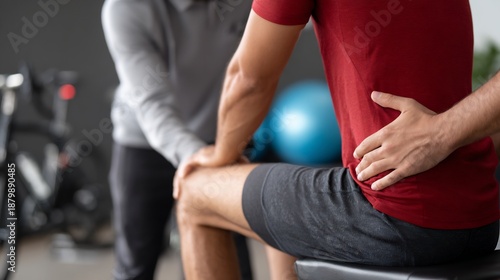 Foto Cyclist hip strain doing targeted flexibility exercises under supervision modern