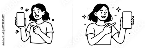 Young woman happily showcasing smartphone in vector illustration