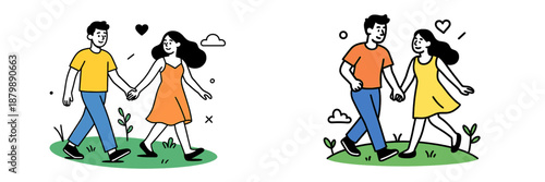 Couple walking hand in hand on sunny day in nature setting