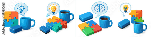 Creative brainstorming with colorful puzzle pieces and coffee mugs