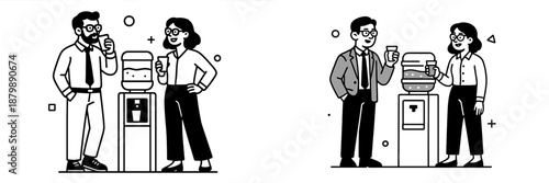 Office colleagues enjoying conversation at water cooler during break