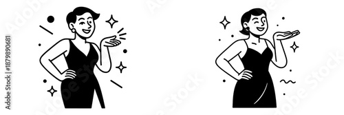 Elegant women in black dresses with cheerful expressions and gestures