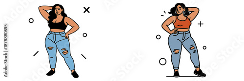 Stylish young women posing in trendy outfits with confidence