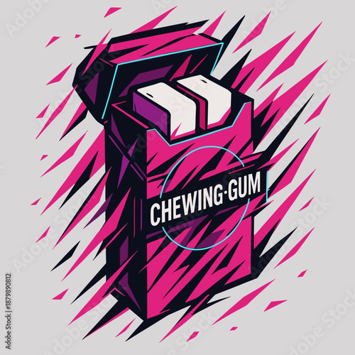 Bold pink chewing gum package illustration with dynamic design, modern graphic style, copy space