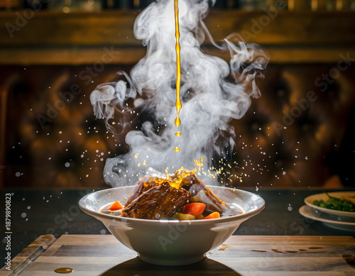 Hot savory stew being poured into a bowl creating steam and splashing, a hyperrealistic cinematic commercial food scene with a dark background