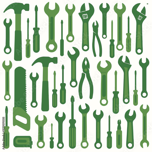 Collection of green tools including wrenches, hammers, and screwdrivers, flat design illustration, copy space