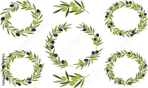 Olive Branch Wreath Set With Green Leaves And Black Olives Elegant Botanical Vector Illustration Collection