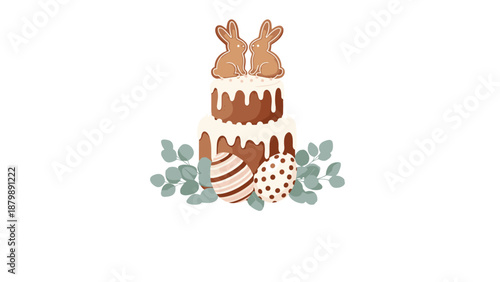 Festive Easter illustration featuring a tiered brown cake with white icing topped by two bunnies and surrounded by decorated eggs.