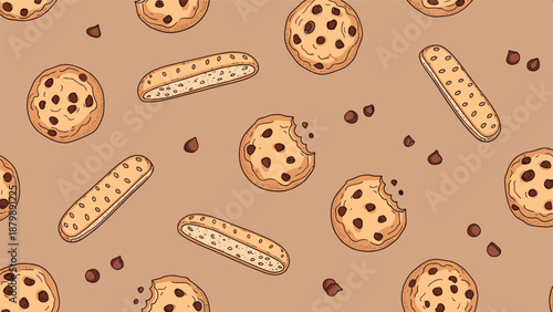 Delicious food pattern showcasing various types of chocolate chip cookies and biscotti on a warm tan background for bakery themes.