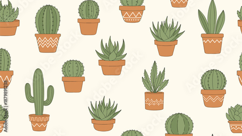 Cute seamless pattern of various types of cacti and succulents planted in brown terracotta pots with white patterns on cream.