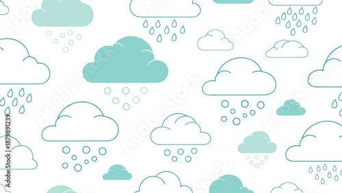 Simple weather themed pattern illustrating clouds with rain drops and hail stones in a minimalist teal and white color palette.