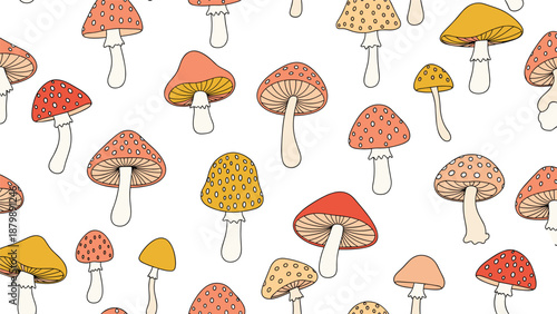 Charming hand-drawn pattern of various mushroom types in earthy tones of red yellow and orange scattered on a white background.