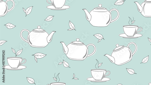 Classic teatime pattern featuring line art illustrations of teapots teacups and tea leaves on a refreshing mint green background.