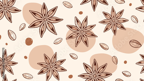 Natural spice pattern featuring detailed illustrations of star anise pods and seeds over soft brown abstract shapes on light cream.