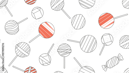 Sweet treat pattern featuring various line art lollipops and candies with some items highlighted in a bright reddish-orange color.