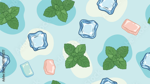 Refreshing summer pattern showcasing green mint leaves and translucent ice cubes on a cool light blue background for drink themes.