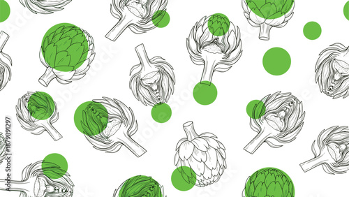 Minimalist pattern of hand drawn artichoke outlines with bright green circular accents on a crisp white background for healthy living.
