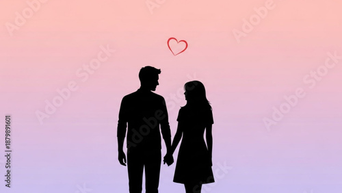 Couple holding hands with heart above them at sunset romantic love and relationship concept