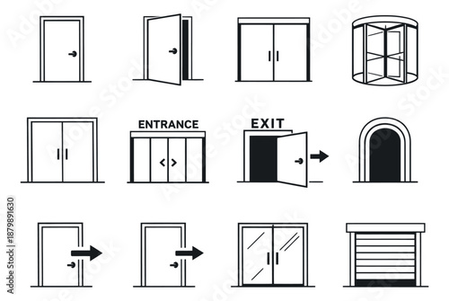 Line art door icons set featuring different entrance and exit types for architectural plans and signage