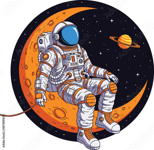 Astronaut sitting on orange moon, space exploration, Saturn background, cosmic dream, tethered suit, galaxy stars, surreal night sky - flat vector illustration