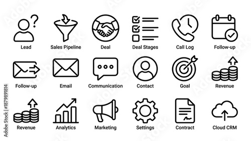 CRM and Sales Line Icon Set. Business Management Vector Symbols. Leads, Deals, Analytics, Revenue, Marketing, Cloud, Contract, Goal. Minimalist Outline Style for Web and App UI