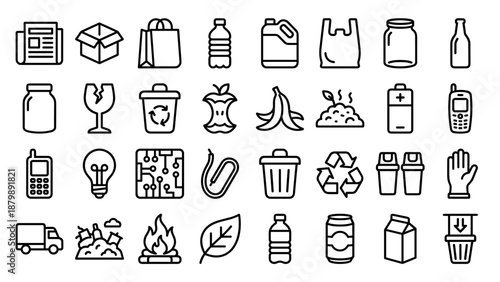 Recycling waste sorting line icons. Ecology garbage symbols. Paper plastic glass compost e-waste. Sustainable living. Environmental protection. Trash separation. Zero waste concept.