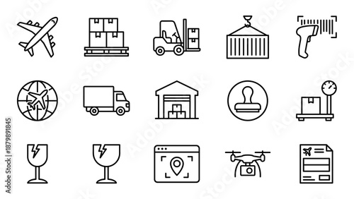 Logistics air cargo line icons set. Shipping delivery transport symbols. Airplane truck warehouse forklift. Global freight supply chain. Minimalist vector collection. Import export.