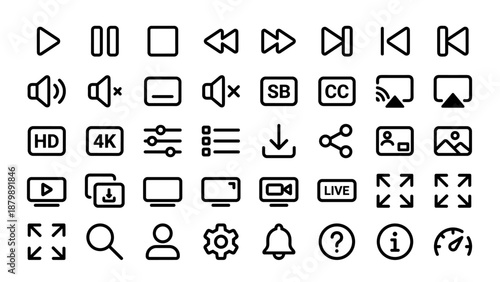 Video player interface line icons. Streaming multimedia controls. Play pause volume HD 4K cast settings download live share search user speed symbols. Web app movie outline set.