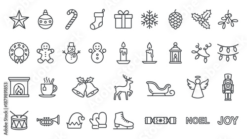 Christmas icon set vector. Holiday decoration line icons. Minimalistic style collection. Winter outline symbols. New year festive elements. Simple xmas design. Clean stroke graphics.