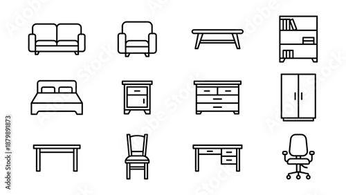 Furniture line icons set. Living room bedroom office interior. Sofa bed chair table wardrobe desk. Minimalist outline style vector collection. Modern furnishing symbols. Linear art.