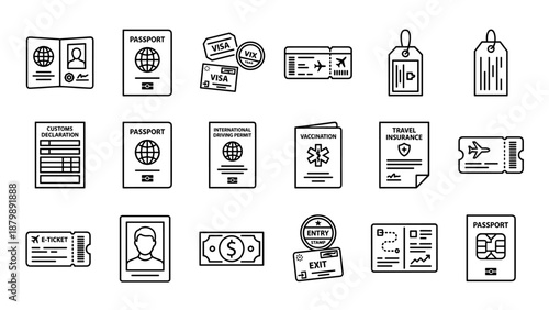 Travel documents line icons set. Passport visa stamps. Boarding pass ticket. Driving permit. Vaccination card. Customs form. Luggage tag. Identity. Tourism vector symbols collection.