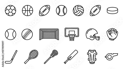 Linear team sports icons set. Outline balls and equipment for soccer basketball football volleyball tennis hockey. Minimalist line art symbols. Athletic competition pictograms.