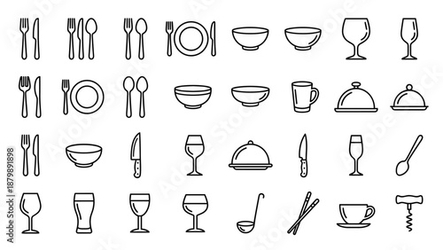 Restaurant cutlery dishes line icons set. Minimalistic kitchenware collection. Tableware symbols fork spoon knife plate bowl. Dining equipment outline. Food service. Kitchen tools.