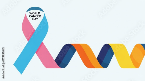 Vibrant world cancer day ribbon with colorful spiral design on white background symbolizing hope and awareness