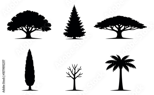 Minimalist silhouette tree set featuring diverse plant forms for natural environment concepts