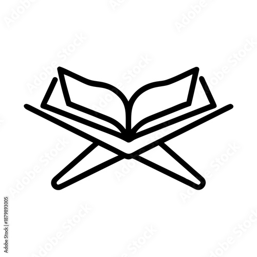 Minimalist black silhouette of a stylized bird or creature viewed from behind on a white background  Open holy book on a rehal stand, a symbol of religious study and devotion