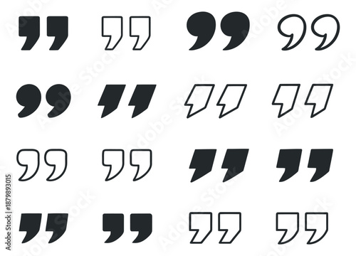 Modern graphic quotation marks icon set featuring various solid and line art designs for text, communication, and speech representation