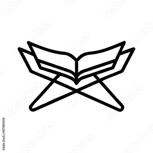 Minimalist black silhouette of a stylized bird or creature viewed from behind on a white background  Open holy book on a rehal stand, a symbol of religious study and devotion