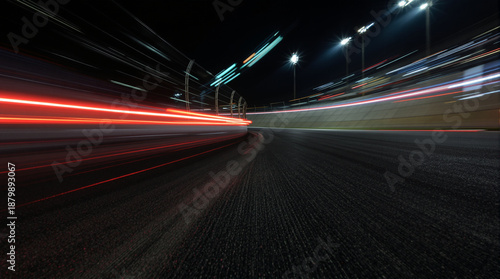Night illuminated racing track asphalt surface turn on motion blur